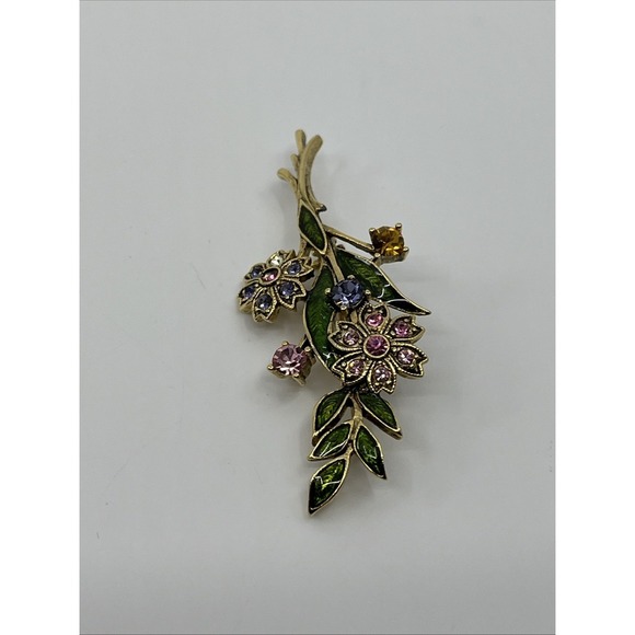 Brooch Pin flowers multicolor enamel w rhinestones Goldtone 2.25" - Picture 4 of 7